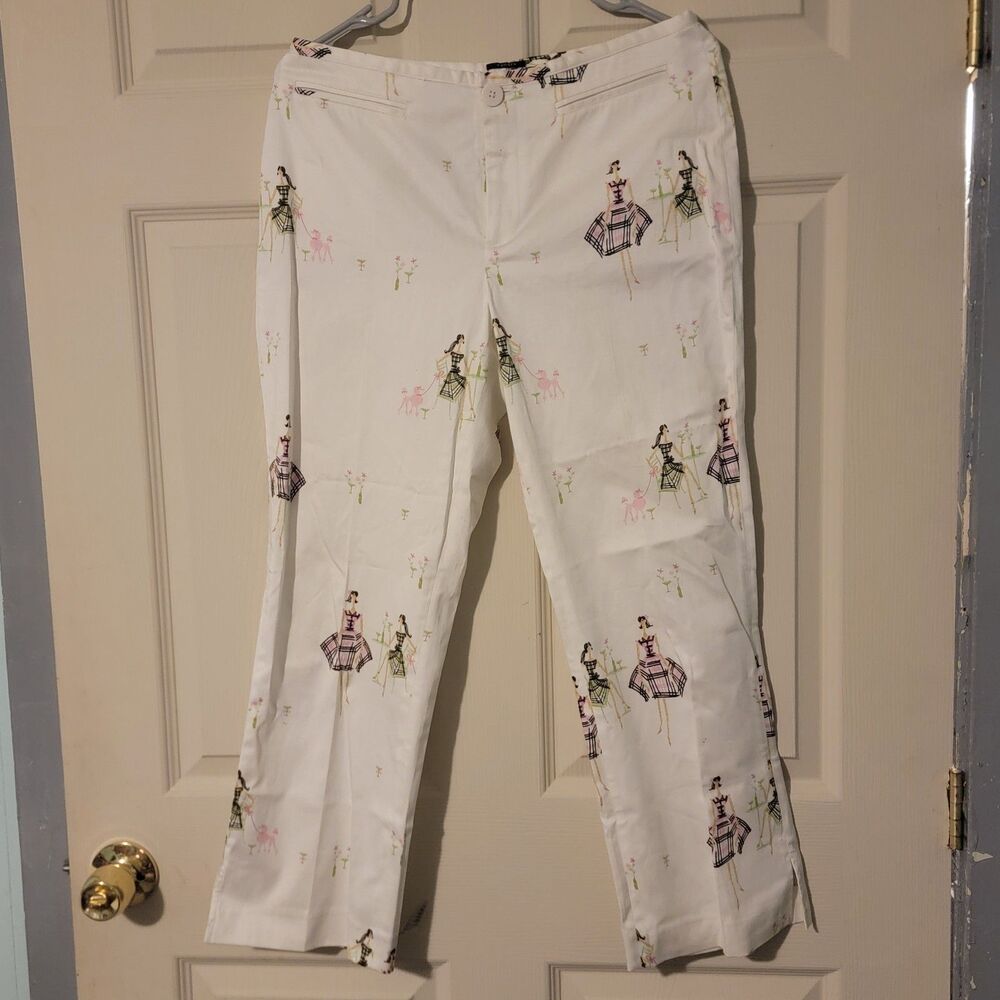 White Multicolor Novelty Print Women's Straight Pants with Button Zip Closure